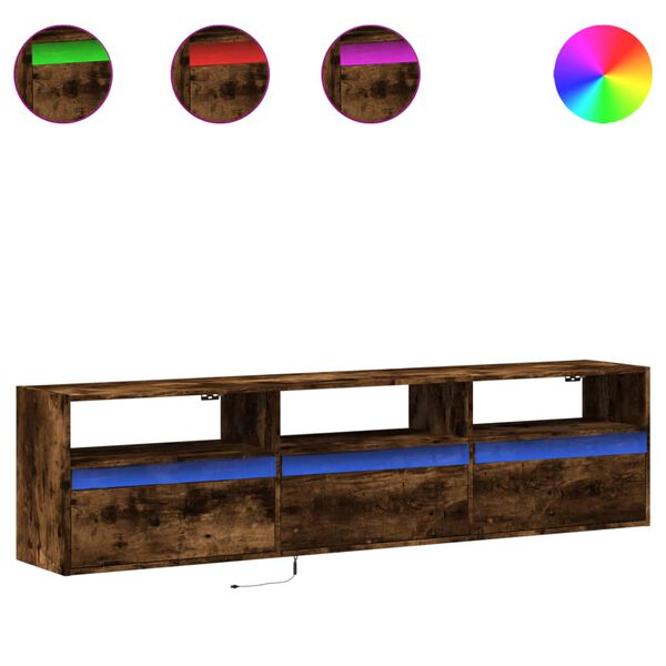 vidaXL Väggmonterad tv-bänk LEDs rökfärgad ek 180x31x45 cm