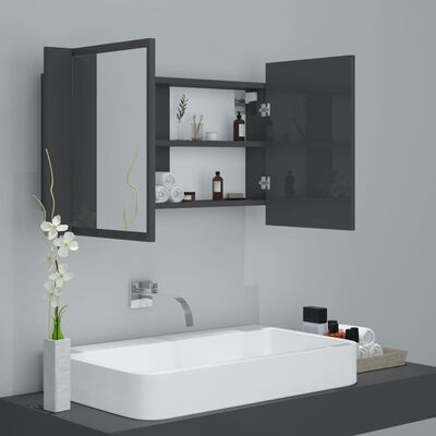vidaXL Spegelskåp för badrum LED grå högglans 80x12x45 cm akryl