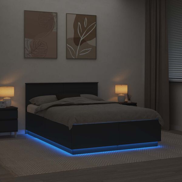 vidaXL S&auml;ngram med LED-ljusslingor Svart 150 x 200 cm Konstruerat tr&auml;