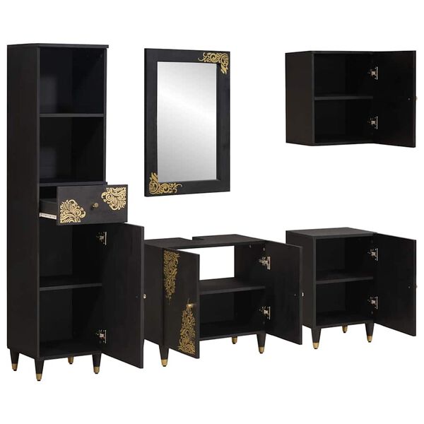 vidaXL Badrumsskåpsset med låda med dörr 5 pcs Svart Massivt mangoträ