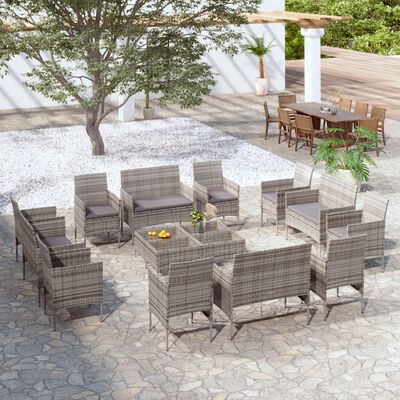 vidaXL Loungegrupp för trädgården med dynor 16 delar konstrotting grå