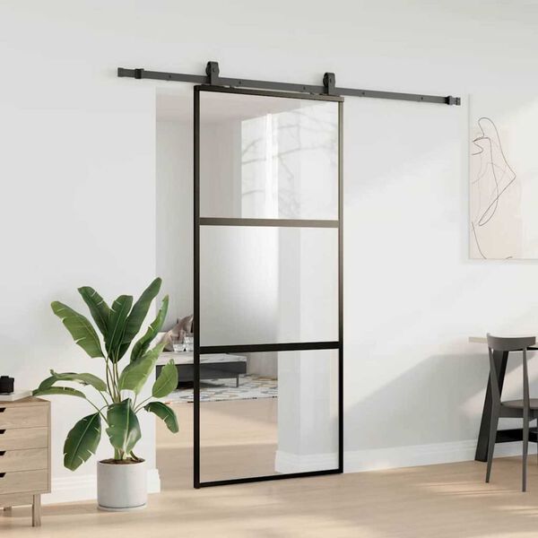 vidaXL Skjutd&ouml;rr med beslagssats svart 90x205 cm h&auml;rdat glas