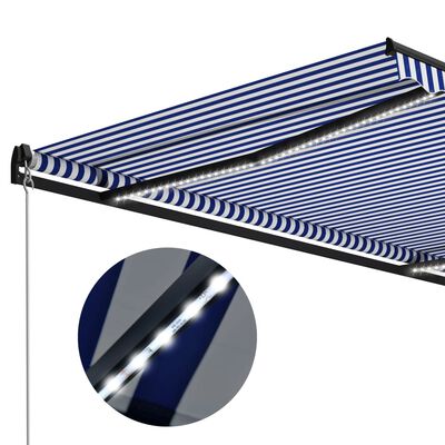 vidaXL Markis manuellt infällbar med LED 300x250 cm blå och vit