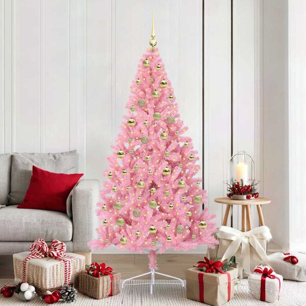 vidaXL Konstgjord F&ouml;rbelyst Julgran med 300 LED-lampor Rosa 180 cm PVC
