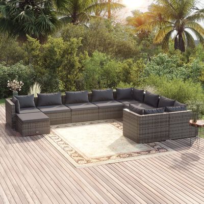 vidaXL Loungegrupp för trädgården m. dynor 10 delar konstrotting grå