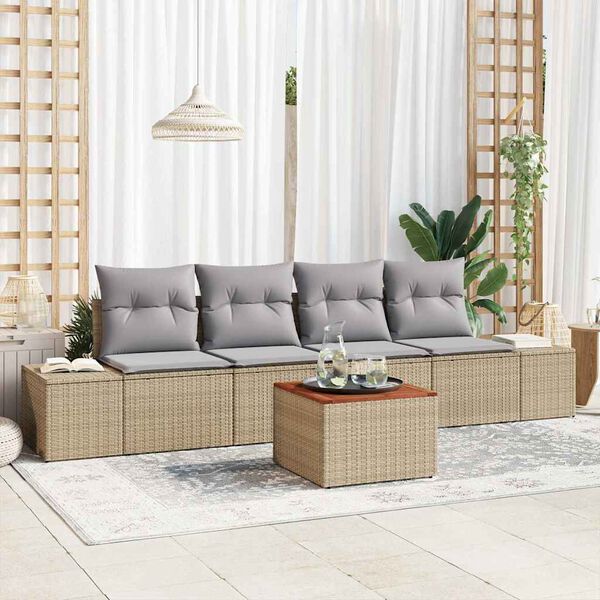 vidaXL Trädgårdsoffset med kudde 5 pcs Beige Poly rattan