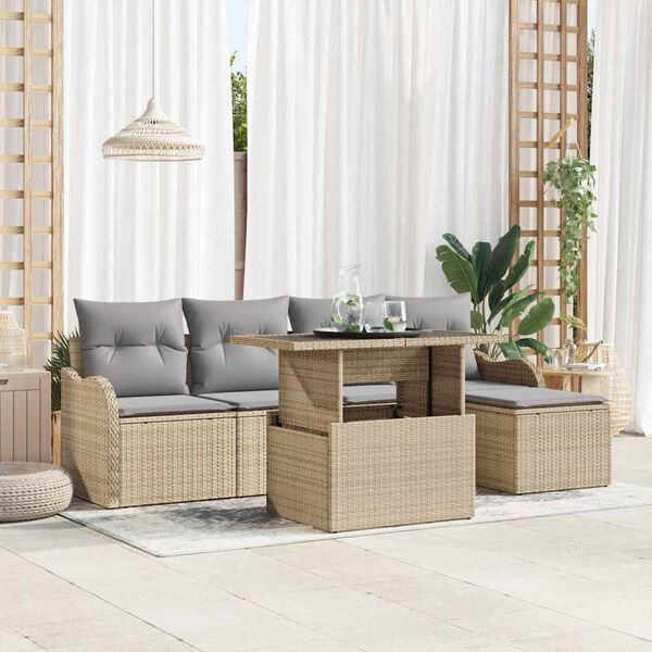 vidaXL Tr&auml;dg&aring;rdsoffset med kudde 6 pcs Beige Poly rattan