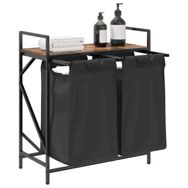 vidaXL Tvättkorg 2 fack med hylla rökfärgad ek