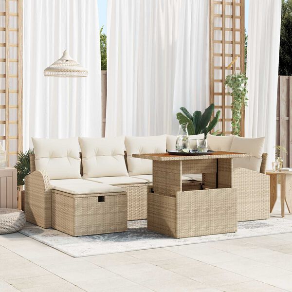 vidaXL Tr&auml;dg&aring;rdsoffset med kudde med lagring 7 pcs Beige Poly rattan