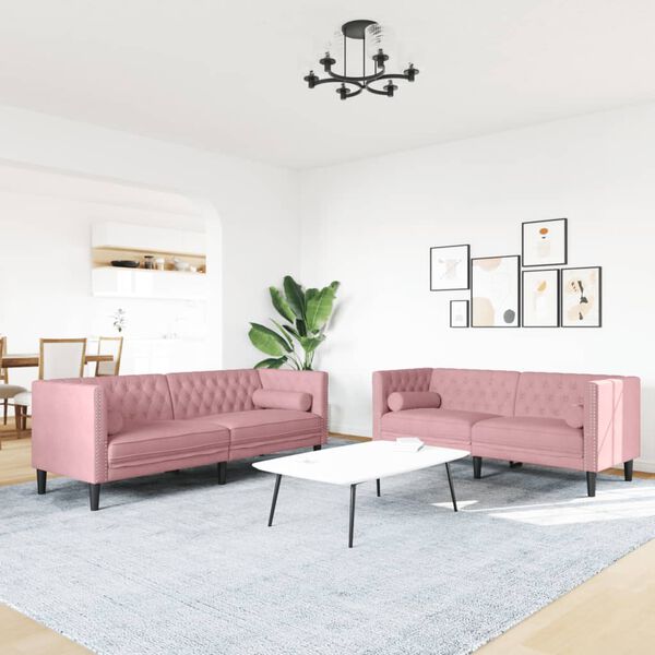 vidaXL Soffgrupp chesterfield 2 delar bolsterkuddar rosa sammet