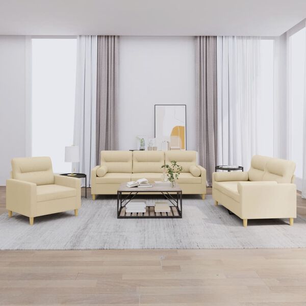 vidaXL Soffgrupp med kuddar 3 delar gr&auml;ddvit tyg