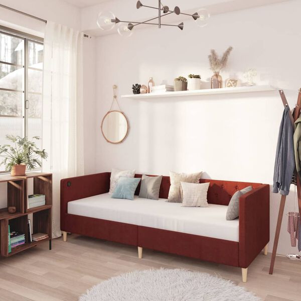 vidaXL Dagb&auml;dd med madrass USB vinr&ouml;d tyg 90x200 cm