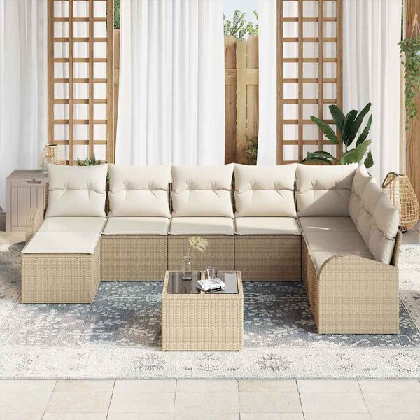vidaXL Trädgårdsoffset med kudde 9 pcs Beige Poly rattan