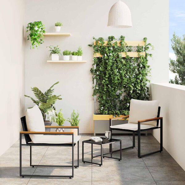 vidaXL M&ouml;belset med kudde 3 pcs Svart och kr&auml;mvit Rotting