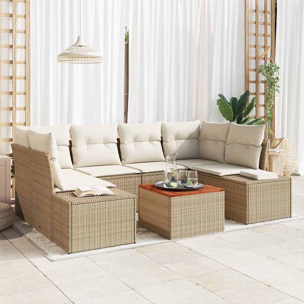 vidaXL Tr&auml;dg&aring;rdsoffset med kudde 7 pcs Beige Poly rattan