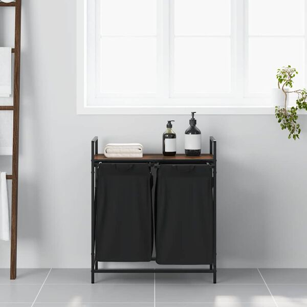 vidaXL Tvättkorg 2 fack med hylla brun ek