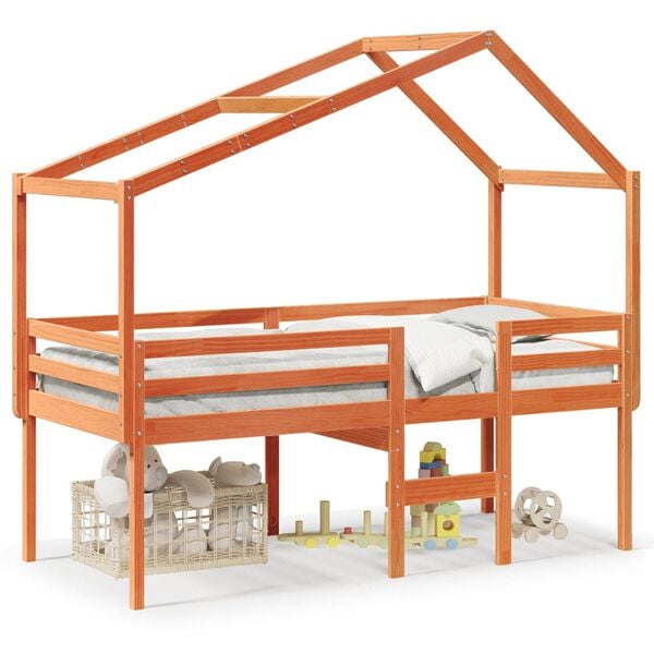 vidaXL Hög säng med tak vaxad brun 90x190 cm massiv furu