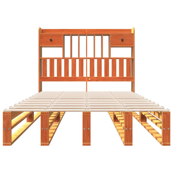 vidaXL S&auml;ng med bokhylla utan madrass vaxbrun 135x190cm massiv furu