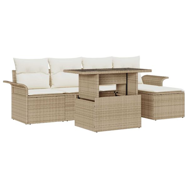 vidaXL Tr&auml;dg&aring;rdsoffset med kudde med lagring 6 pcs Beige Poly rattan