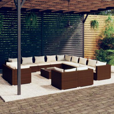 vidaXL Loungegrupp för trädgården m. dynor 14 delar brun konstrotting