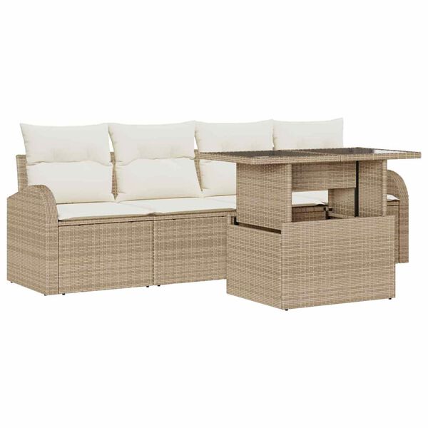 vidaXL Tr&auml;dg&aring;rdsoffset med kudde med kudde 5 pcs Beige Poly Rattan
