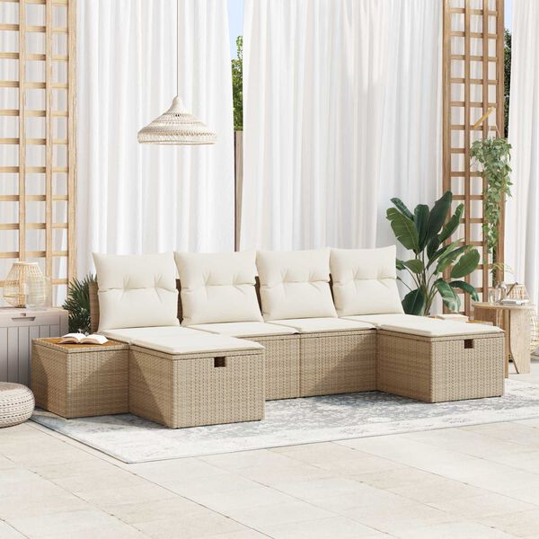 vidaXL Tr&auml;dg&aring;rdsoffset med kudde 6 pcs Beige Poly rattan