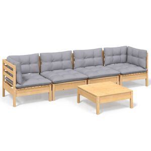 vidaXL Loungegrupp med gr&aring; dynor 5 delar massiv furu