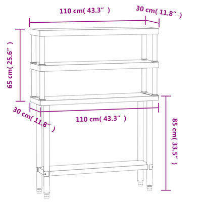 vidaXL Arbetsbord med överhylla 110x30x150 cm rostfritt stål