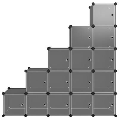 vidaXL Förvaringskuber stapelbara 15 kuber med dörrar svart PP