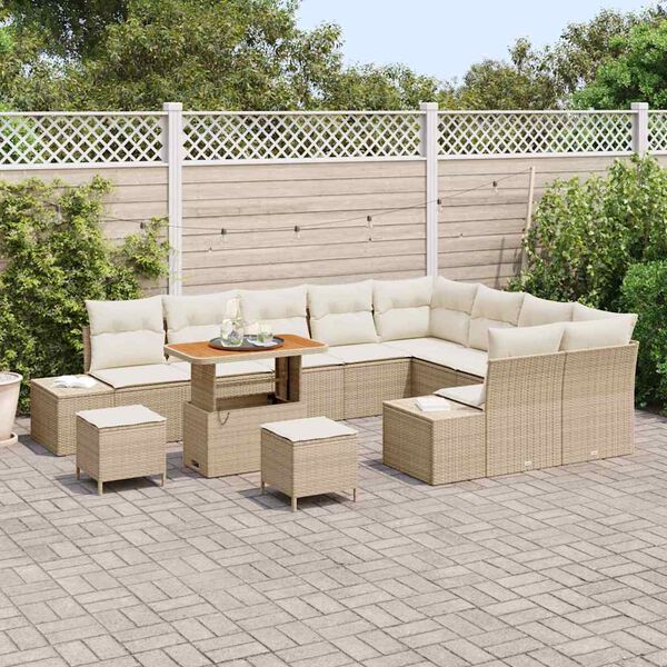 vidaXL Tr&auml;dg&aring;rdsoffset med kudde med lagring 12 pcs Beige Poly rattan