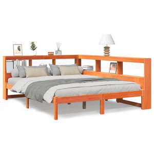 vidaXL S&auml;ng med bokhylla utan madrass vaxbrun 140x190cm massiv furu