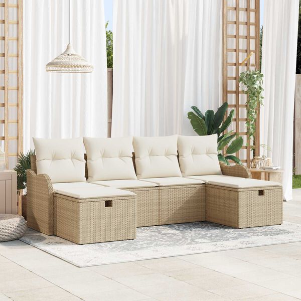 vidaXL Tr&auml;dg&aring;rdsoffset med kudde med lagring 6 pcs Beige Poly rattan