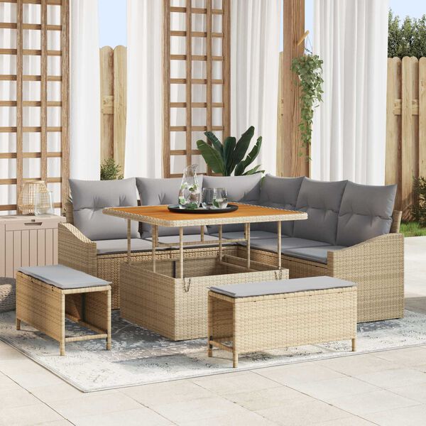 vidaXL Tr&auml;dg&aring;rdsoffset med kudde 8 pcs Beige Poly rattan
