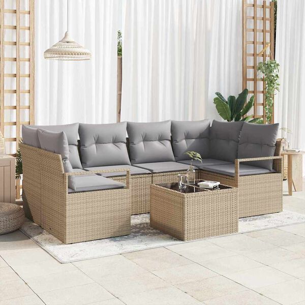 vidaXL Trädgårdsoffset 7 pcs Beige och Grå Konstrotting, Stål och Glas
