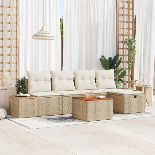 vidaXL Tr&auml;dg&aring;rdsoffset med kudde 6 pcs Beige Poly rattan