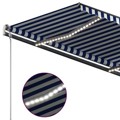 vidaXL Markis med LED manuellt infällbar 4,5x3 m blå och vit