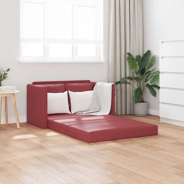 vidaXL Golvb&auml;ddsoffa 2-i-1 vinr&ouml;d 112x174x55 cm konstl&auml;der