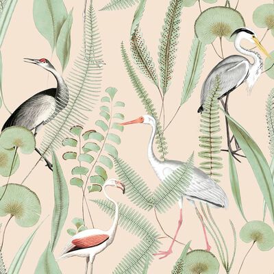 DUTCH WALLCOVERINGS Tapet Flamingo gräddvit och mintgrön