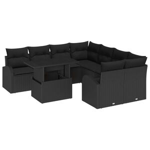 vidaXL Tr&auml;dg&aring;rdsoffset med kudde med lagring 9 pcs Svart Poly Rattan