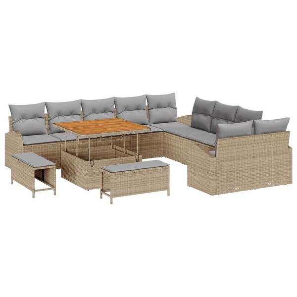 vidaXL Tr&auml;dg&aring;rdsoffset med kudde 13 pcs Beige Poly rattan