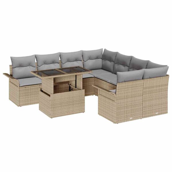 vidaXL Trädgårdsoffset med kudde 9 pcs Beige Poly rattan
