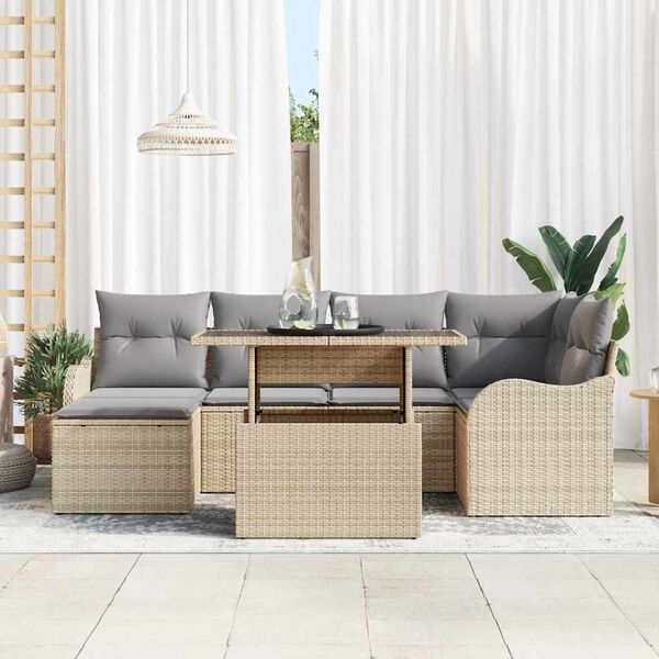 vidaXL Tr&auml;dg&aring;rdsoffset med kudde med lagring 7 pcs Beige Poly rattan