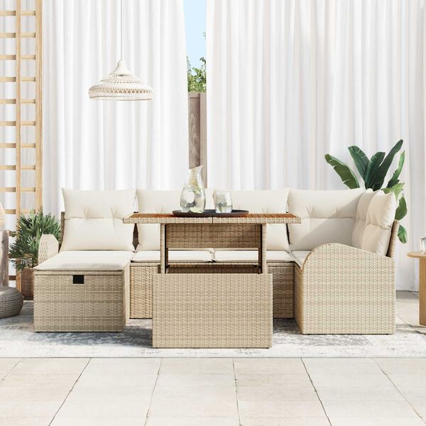 vidaXL Tr&auml;dg&aring;rdsoffset med kudde med lagring 7 pcs Beige Poly rattan