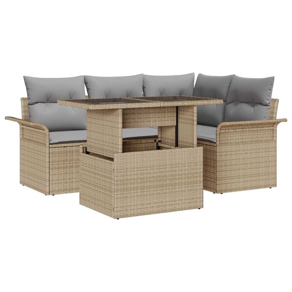 vidaXL Trädgårdsoffset med kudde med lagring 5 pcs Beige Poly rattan