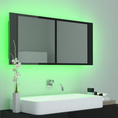 vidaXL Spegelskåp för badrum LED svart högglans 100x12x45 cm akryl