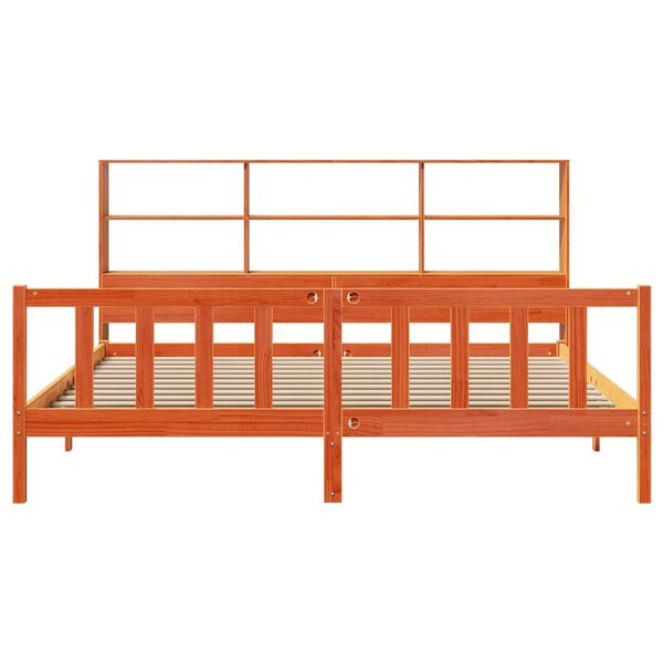 vidaXL Säng med bokhylla utan madrass vaxbrun 180x200cm massiv furu