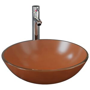 vidaXL Handfat med kran och tryckavlopp brunt h&auml;rdat glas