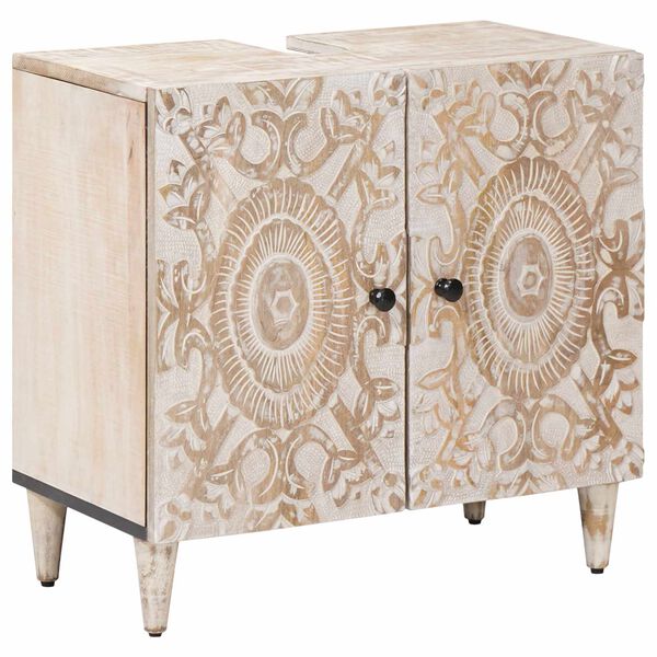 vidaXL Badrumssk&aring;p med handfat Vit 62 x 33 x 58 cm Massivt mangotr&auml;