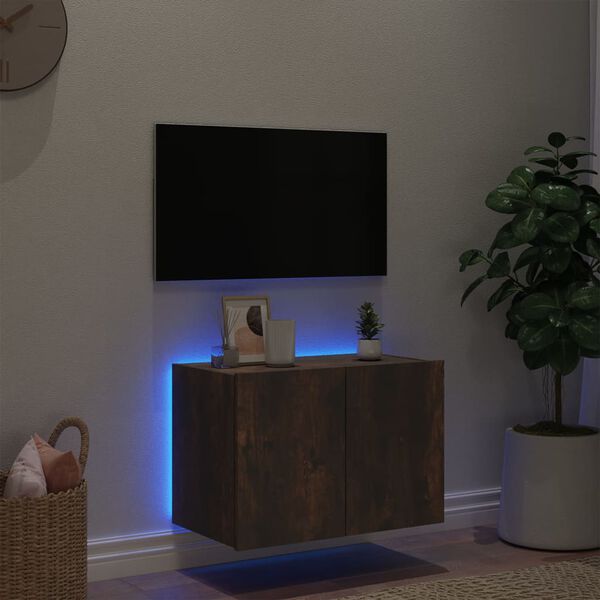 vidaXL Väggmonterad tv-bänk LED rökfärgad ek 60x35x41 cm