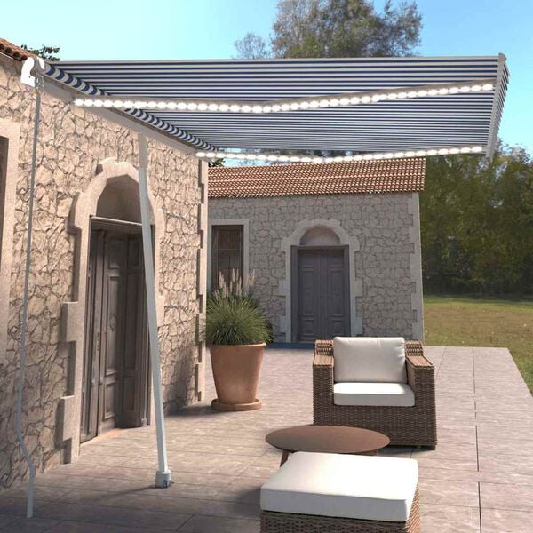 vidaXL Markis manuellt inf&auml;llbar med LED 300x250 cm bl&aring; och vit